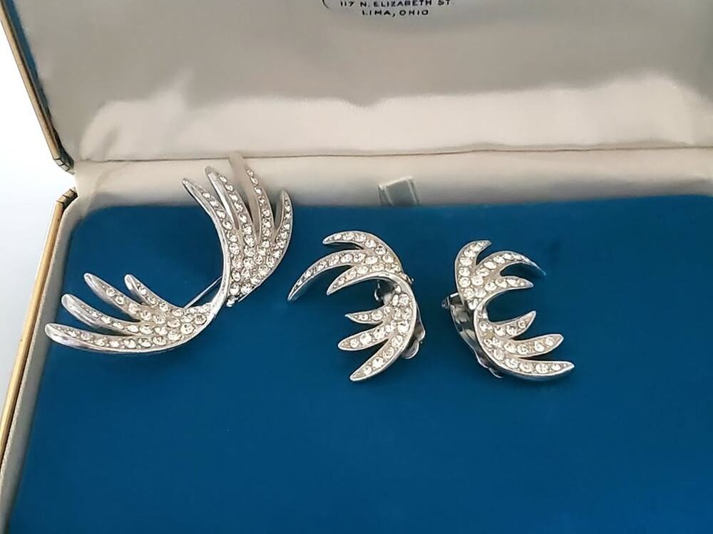 Vintage Ora Designer Abstract Rhinestone Brooch and Earring Set